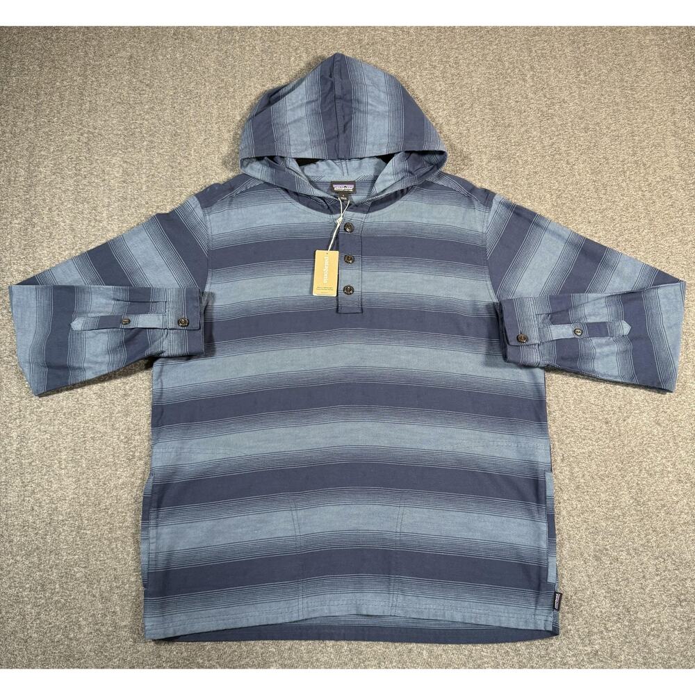 Patagonia Hoodie Mens Large Blue Lightweight Fjord Flannel Hoody Striped Organic